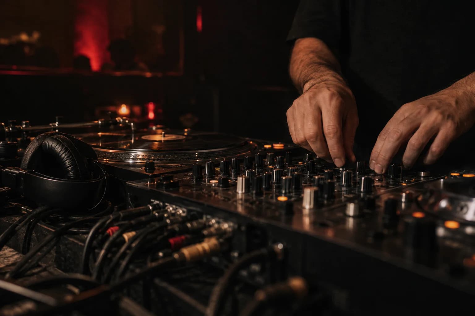 Manos de un DJ preparando la mesa de mezclas en una cabina oscura